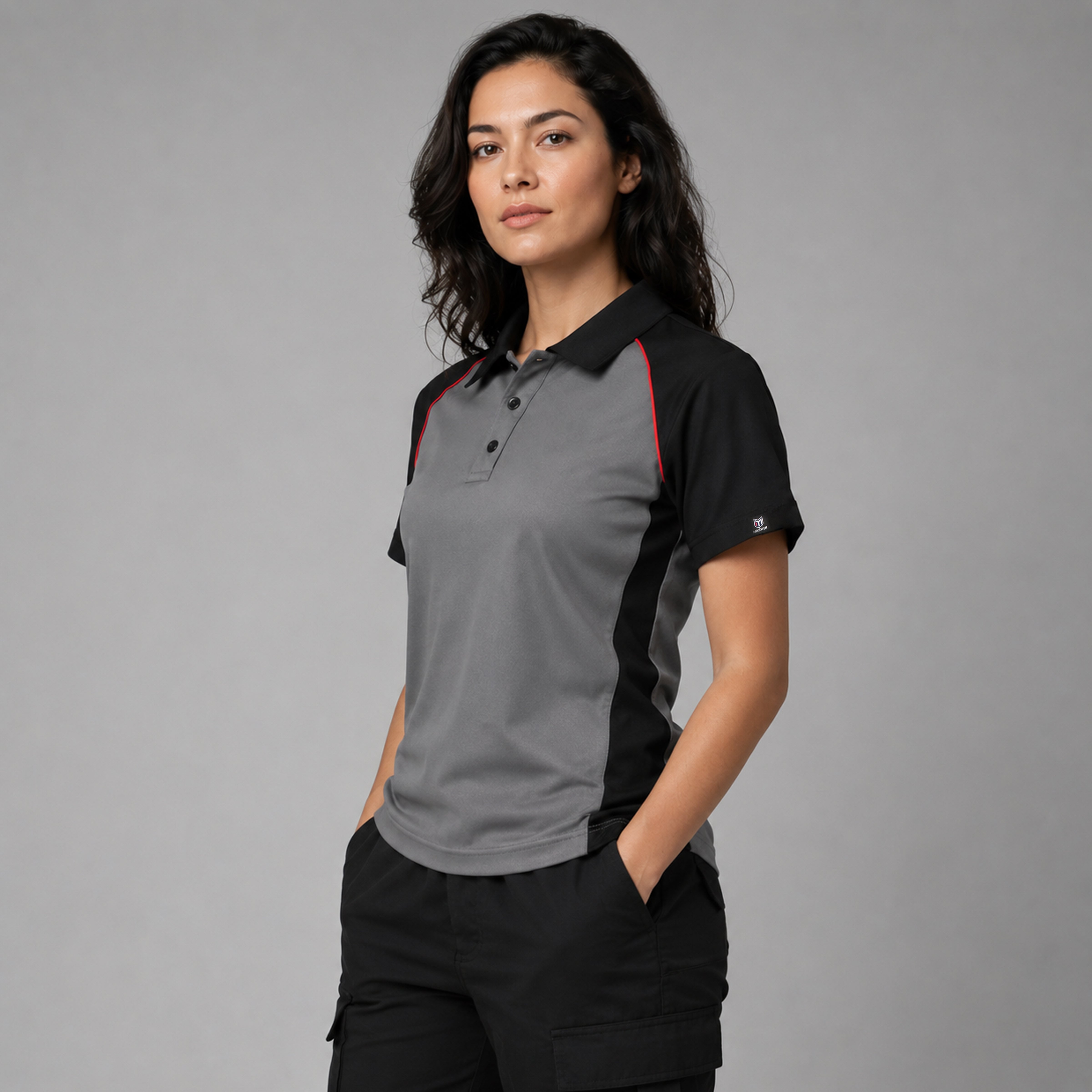 Fallon Women's Button Polo - Grey/Black/Red - Marwin Sports