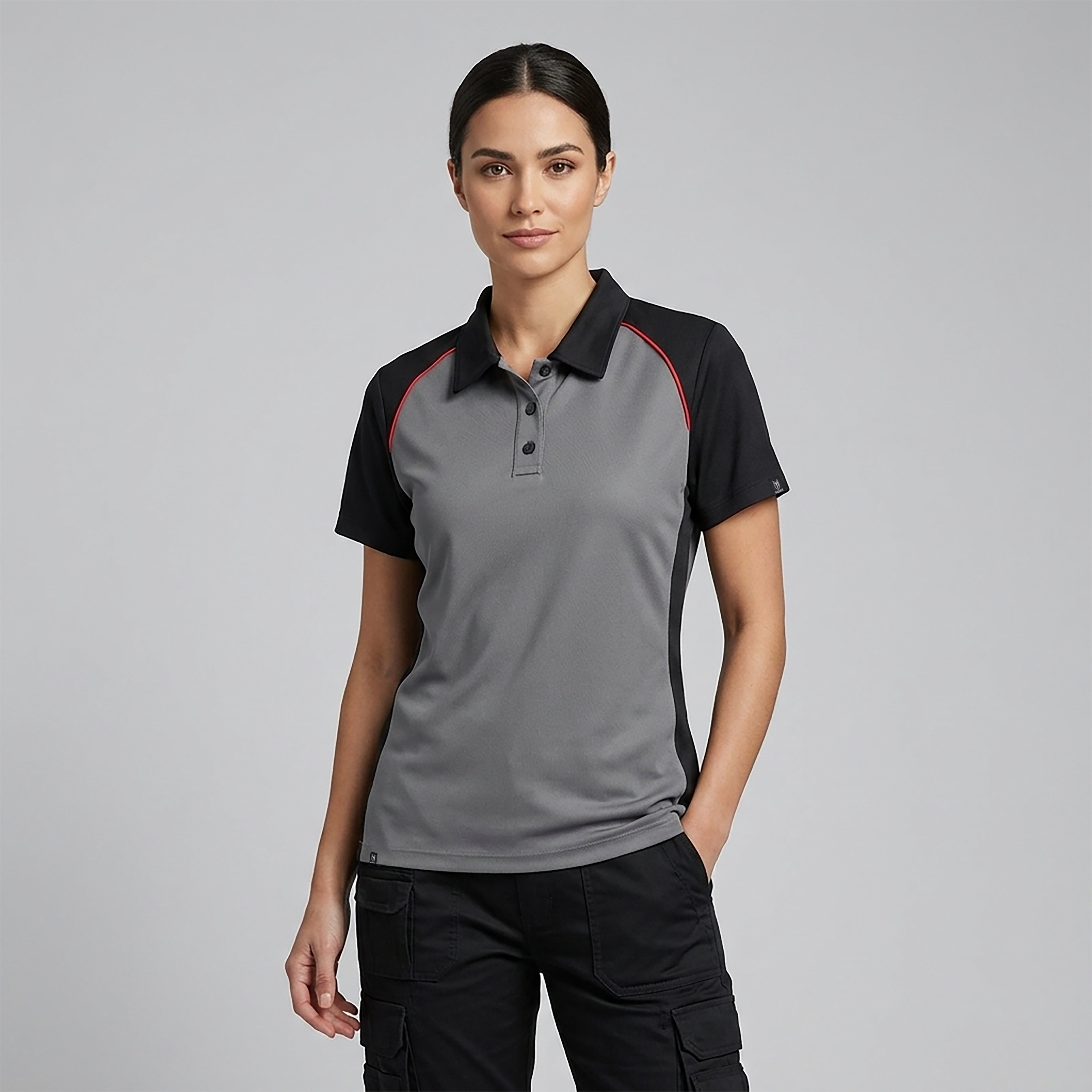 Fallon Women's Button Polo - Grey/Black/Red - Marwin Sports
