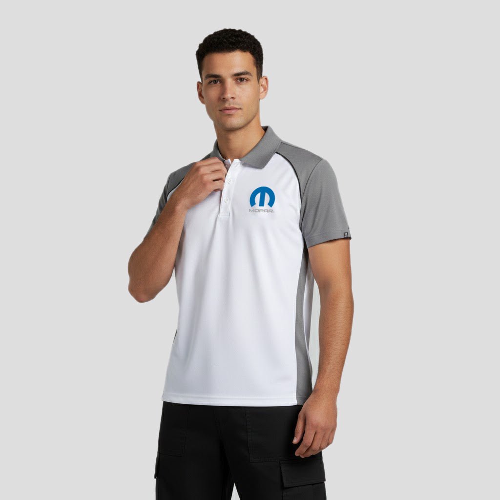 Marwin Sports Mopar Men's Poly Button Polo - White/Grey/Black - Marwin Sports