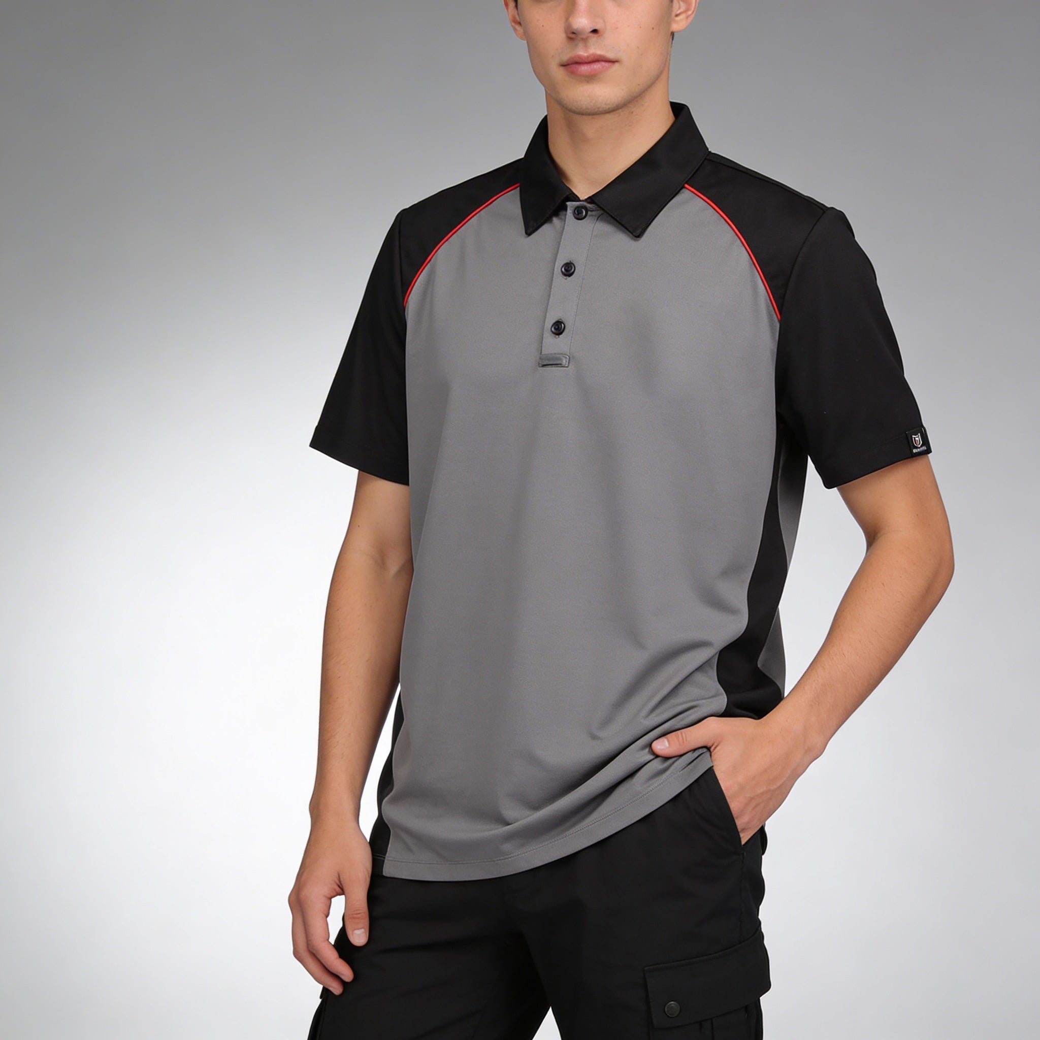 Marwin Sports Poly Button Men's Polo - Grey/Black/Red - Marwin Sports