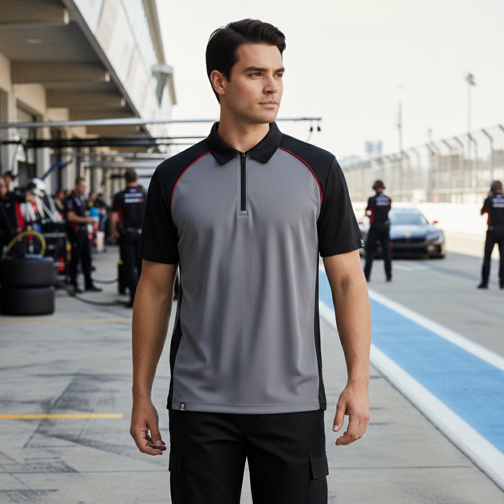 Marwin Sports Poly Zipper Men's Polo - Grey/Black/Red - Marwin Sports