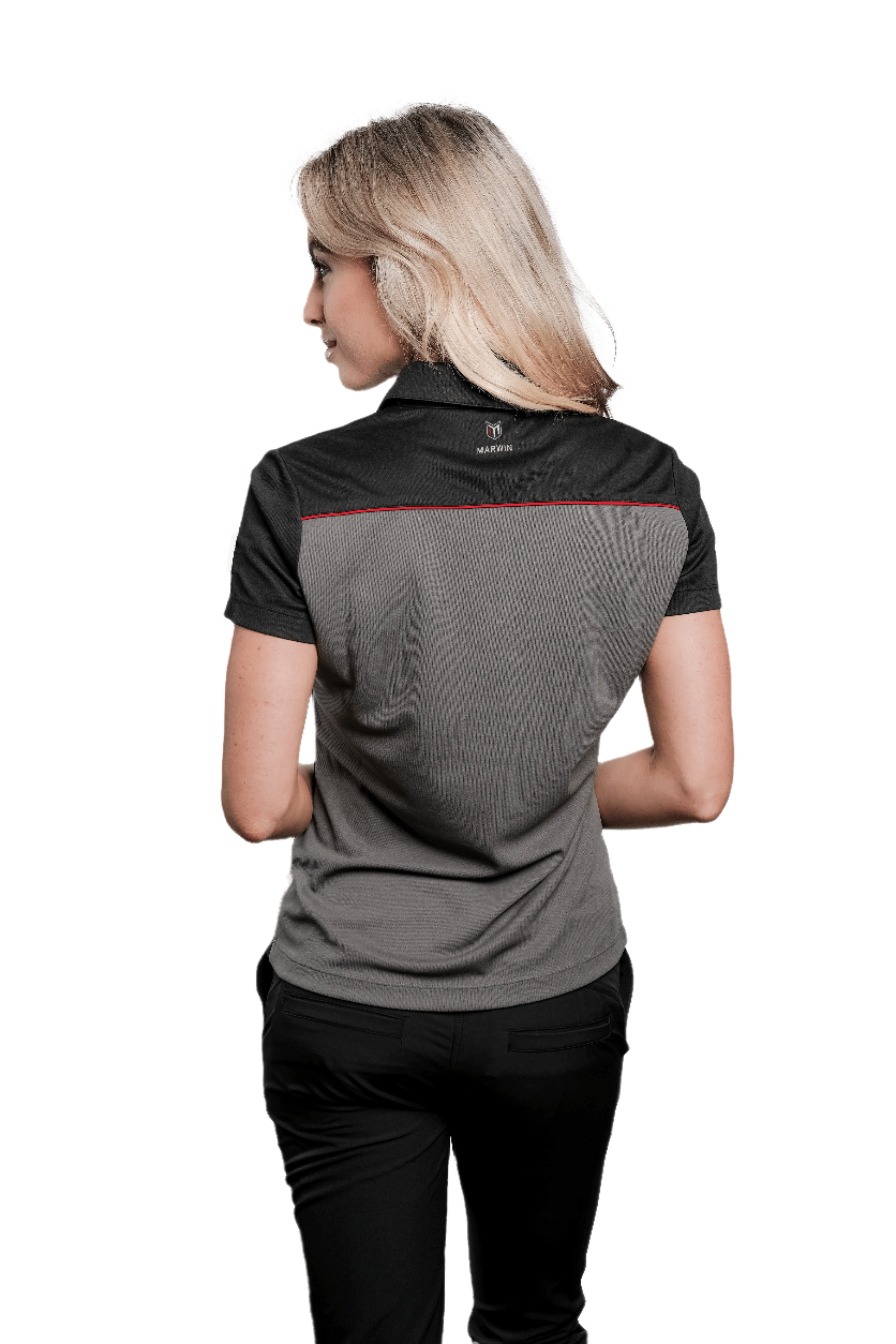 Marwin Sports Poly Button Women's Polo - Grey/Black/Red - Marwin Sports