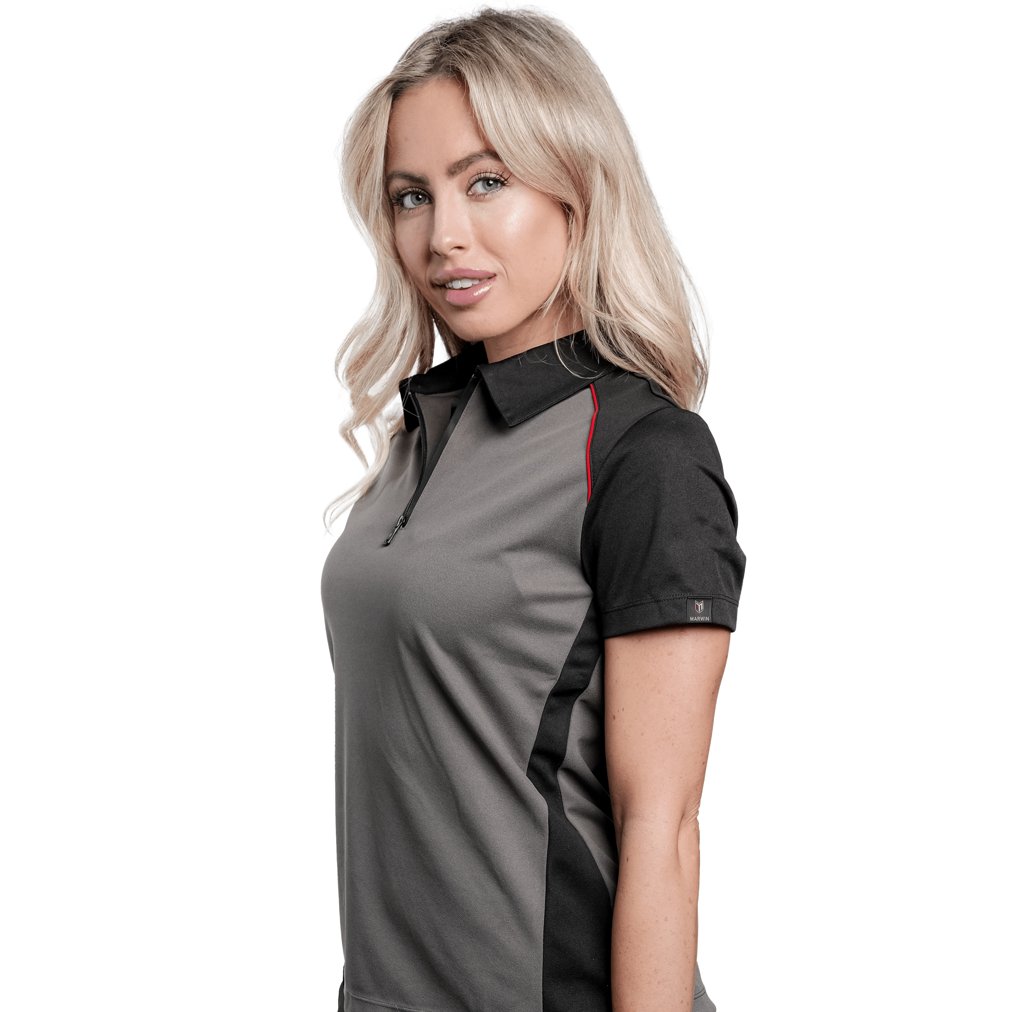Marwin Sports Poly Zipper Women's Polo - Grey/Black/Red - Marwin Sports