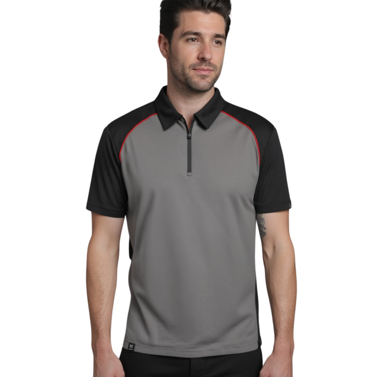 Marwin Sports Poly Zipper Men's Polo - Grey/Black/Red