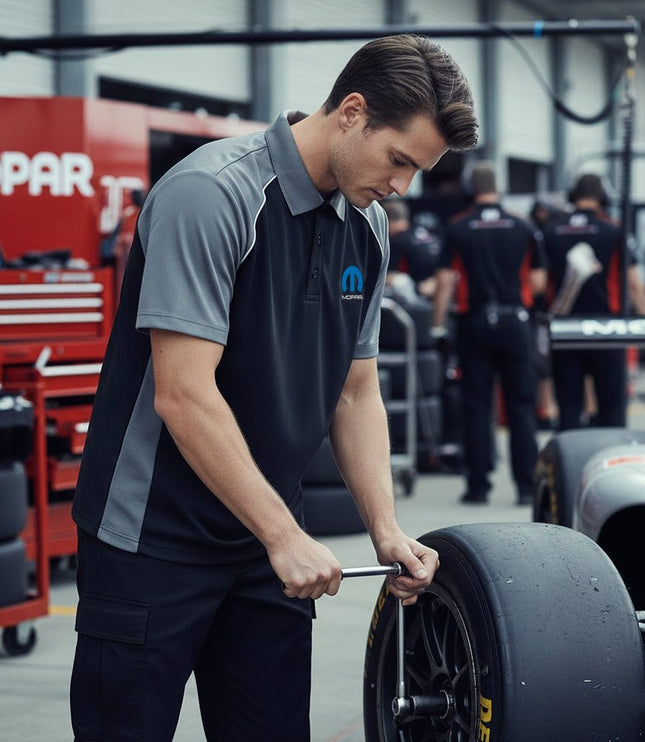 Marwin Sports Mopar Men's Poly Button Polo - Black/Grey/White - Marwin Sports