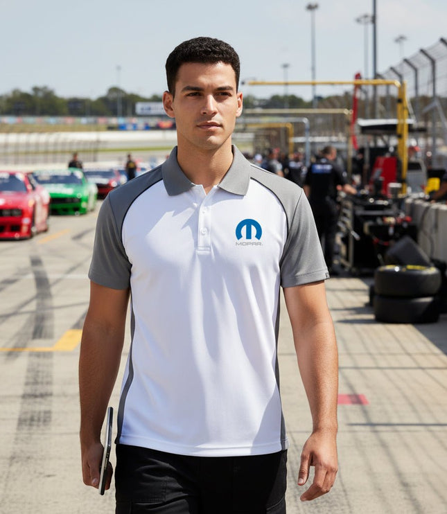 Marwin Sports Mopar Men's Poly Button Polo - White/Grey/Black - Marwin Sports