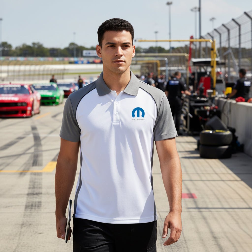 Marwin Sports Mopar Men's Poly Button Polo - White/Grey/Black - Marwin Sports
