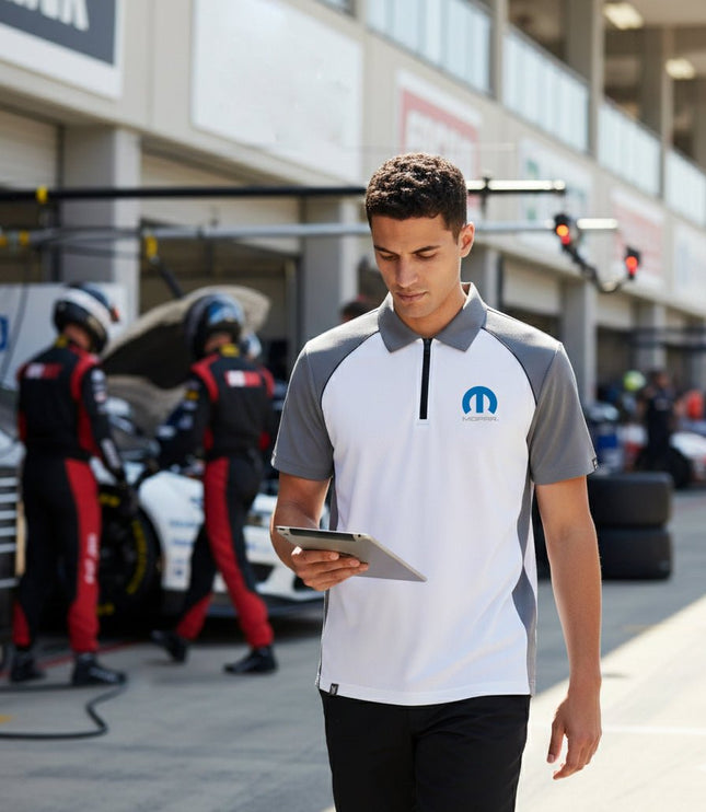 Marwin Sports Mopar Men's Poly Zipper Polo - White/Grey/Black - Marwin Sports