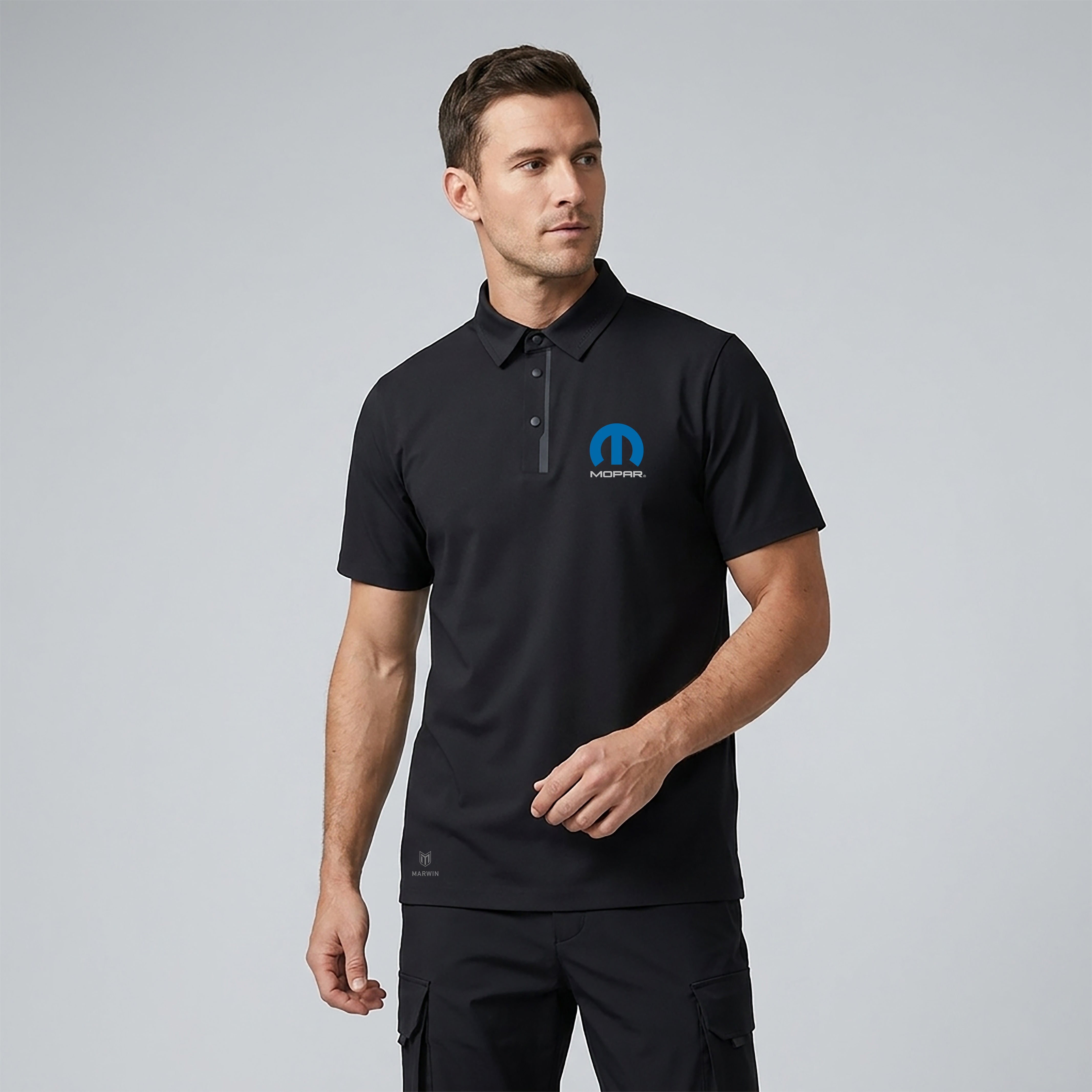 Marwin Sports Mopar Seamless Button Men's Polo - Black - Marwin Sports