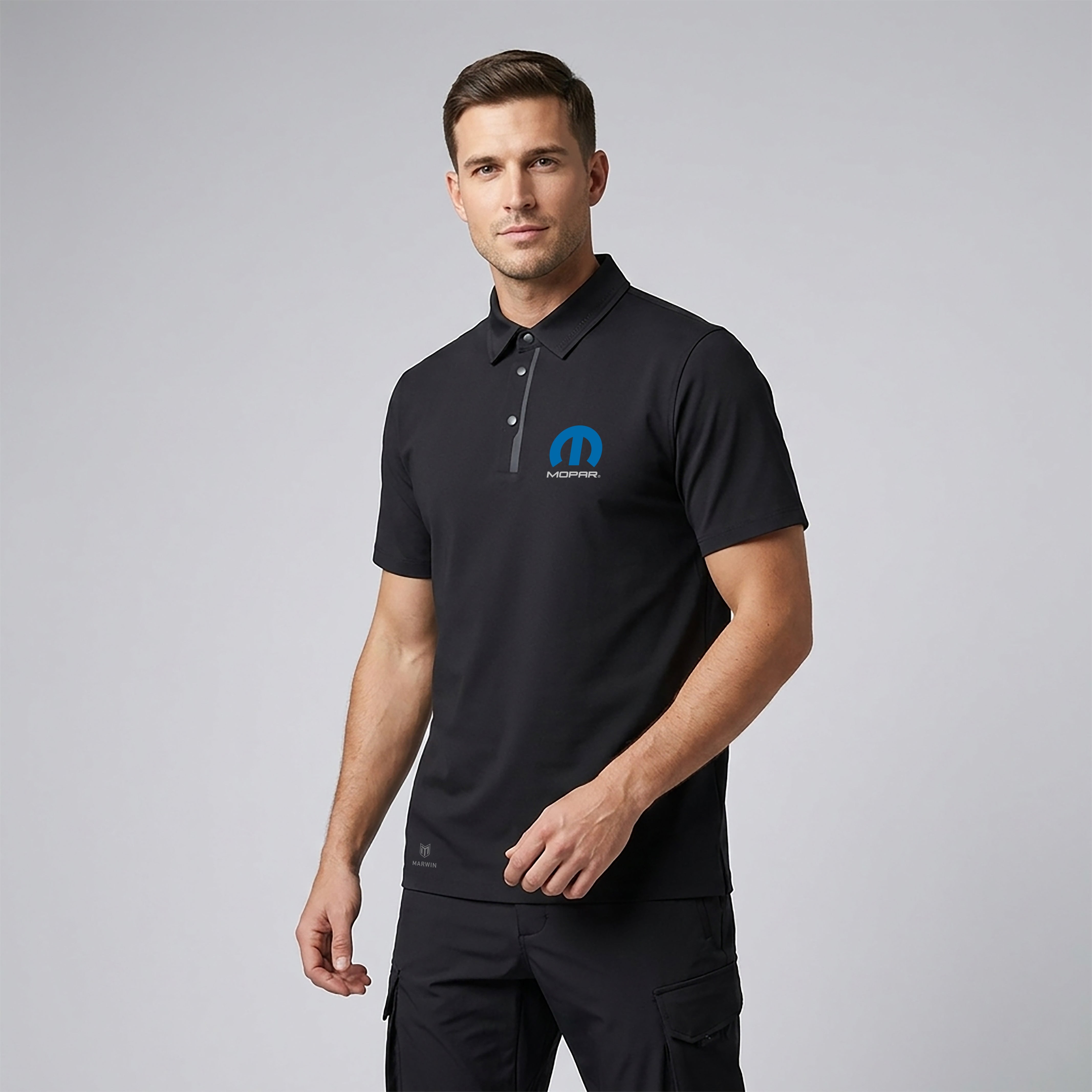 Marwin Sports Mopar Seamless Button Men's Polo - Black - Marwin Sports