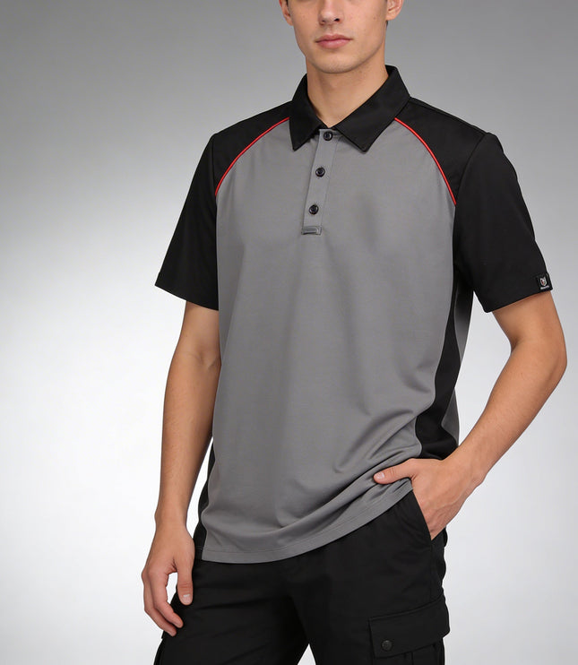 Marwin Sports Poly Button Men's Polo - Grey/Black/Red - Marwin Sports