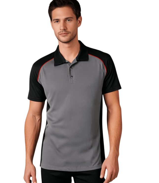 Marwin Sports Poly Button Men's Polo - Grey/Black/Red - Marwin Sports