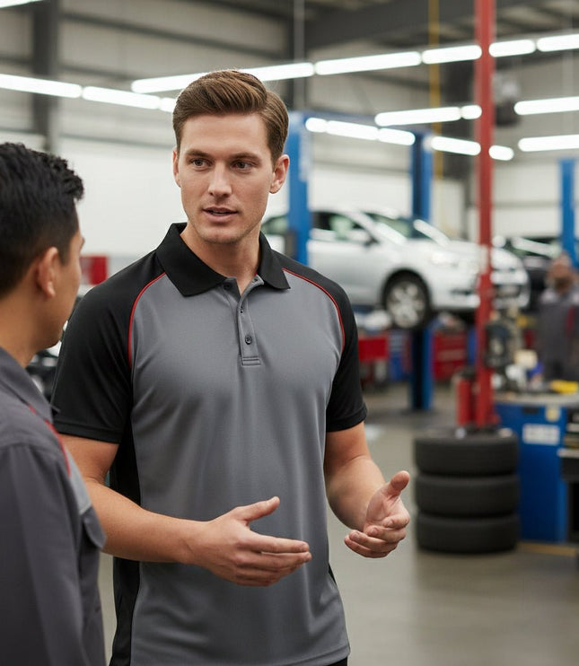Marwin Sports Poly Button Men's Polo - Grey/Black/Red - Marwin Sports