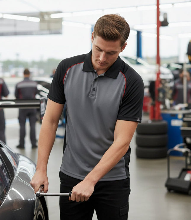 Marwin Sports Poly Button Men's Polo - Grey/Black/Red - Marwin Sports