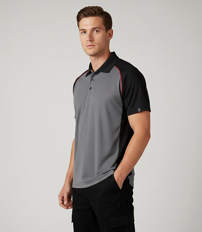 Marwin Sports Poly Button Men's Polo - Grey/Black/Red - Marwin Sports