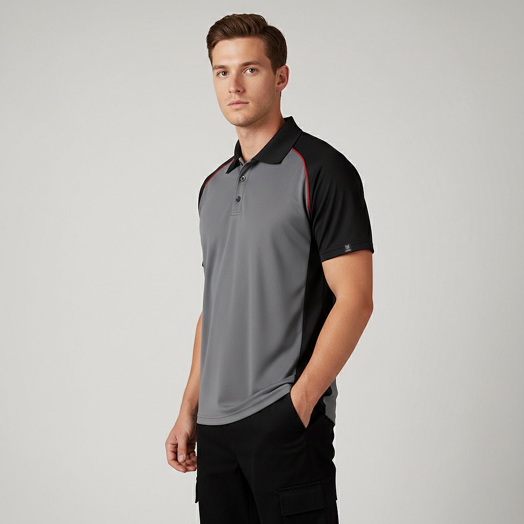 Marwin Sports Poly Button Men's Polo - Grey/Black/Red - Marwin Sports