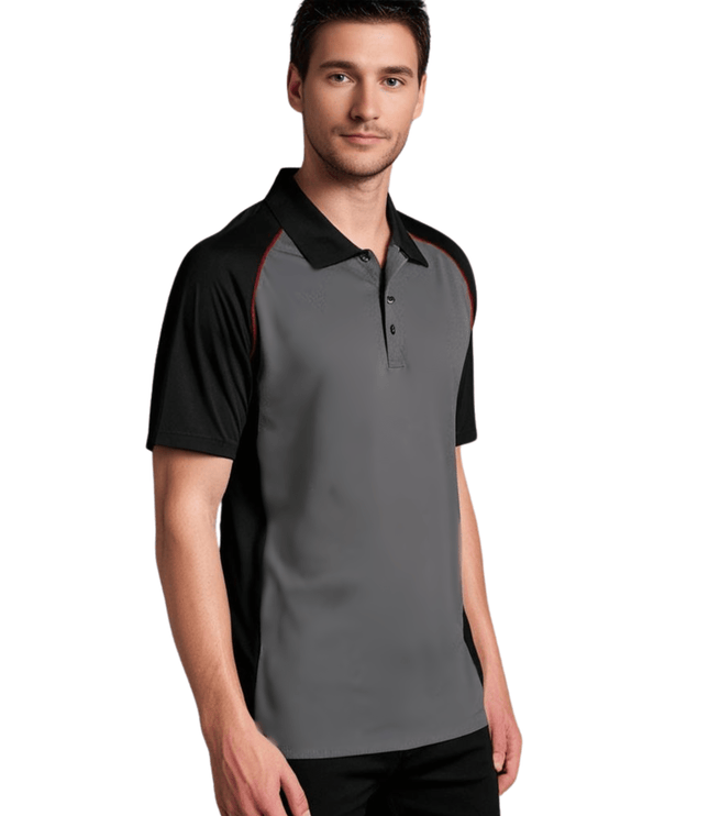 Marwin Sports Poly Button Men's Polo - Grey/Black/Red - Marwin Sports