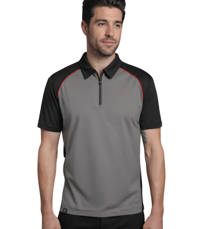 Marwin Sports Poly Zipper Men's Polo - Grey/Black/Red - Marwin Sports