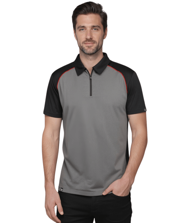 Marwin Sports Poly Zipper Men's Polo - Grey/Black/Red - Marwin Sports