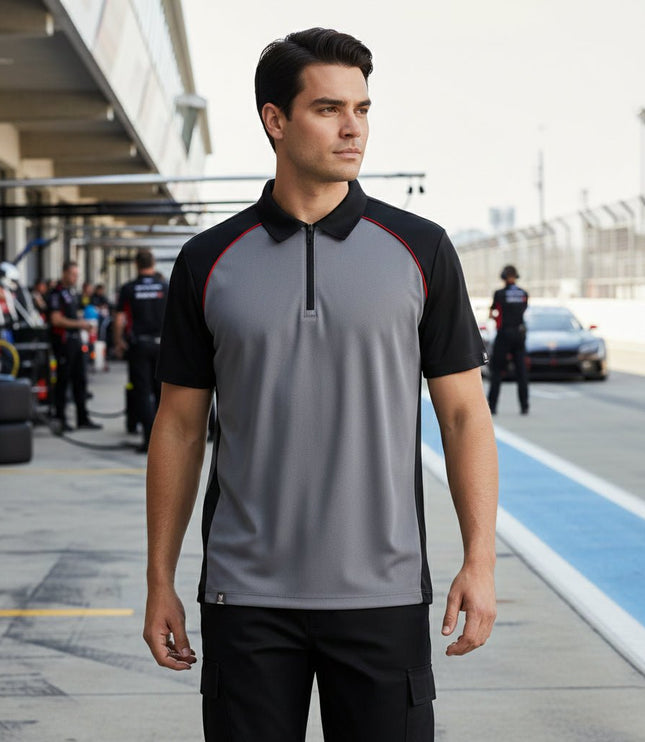 Marwin Sports Poly Zipper Men's Polo - Grey/Black/Red - Marwin Sports