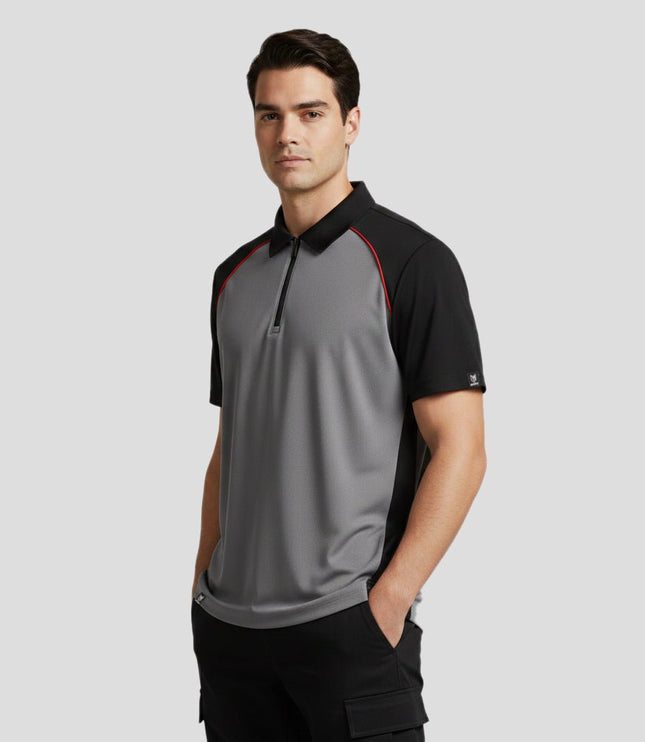 Marwin Sports Poly Zipper Men's Polo - Grey/Black/Red - Marwin Sports