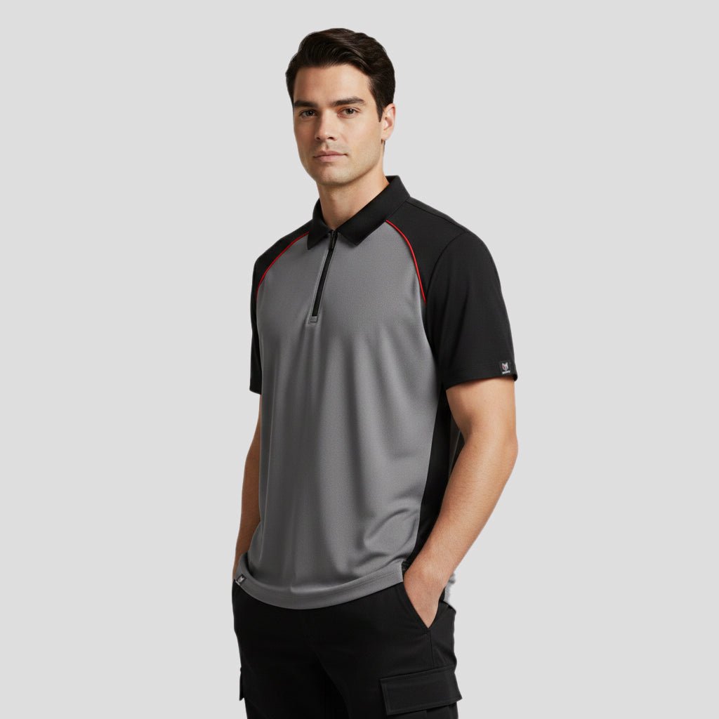 Marwin Sports Poly Zipper Men's Polo - Grey/Black/Red - Marwin Sports