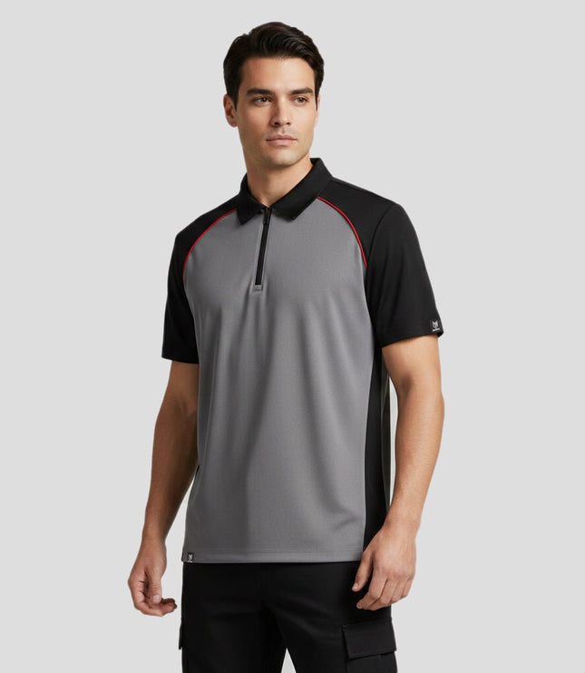 Marwin Sports Poly Zipper Men's Polo - Grey/Black/Red - Marwin Sports