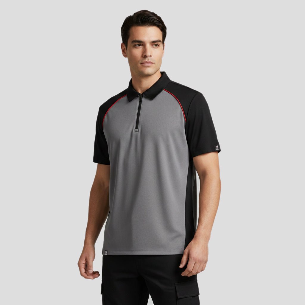 Marwin Sports Poly Zipper Men's Polo - Grey/Black/Red - Marwin Sports
