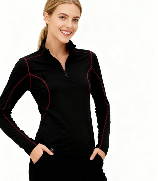 Rova Women's Quarter Zip Pullover - Black/Red - Marwin Sports