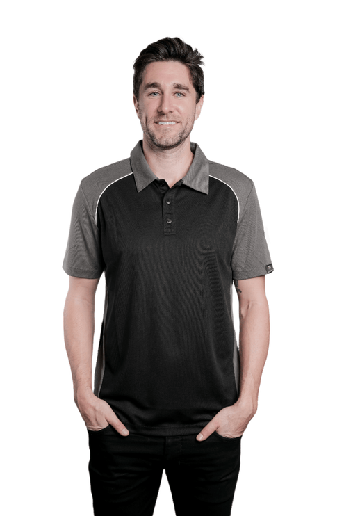 Marwin Sports Poly Button Men's Polo - Black/Grey/White - Marwin Sports