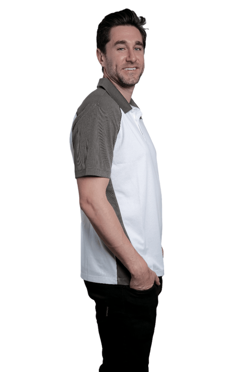 Marwin Sports Poly Button Men's Polo - White/Grey/Black - Marwin Sports