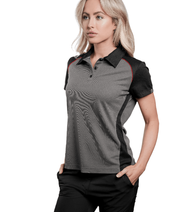 Marwin Sports Poly Button Women's Polo - Grey/Black/Red - Marwin Sports