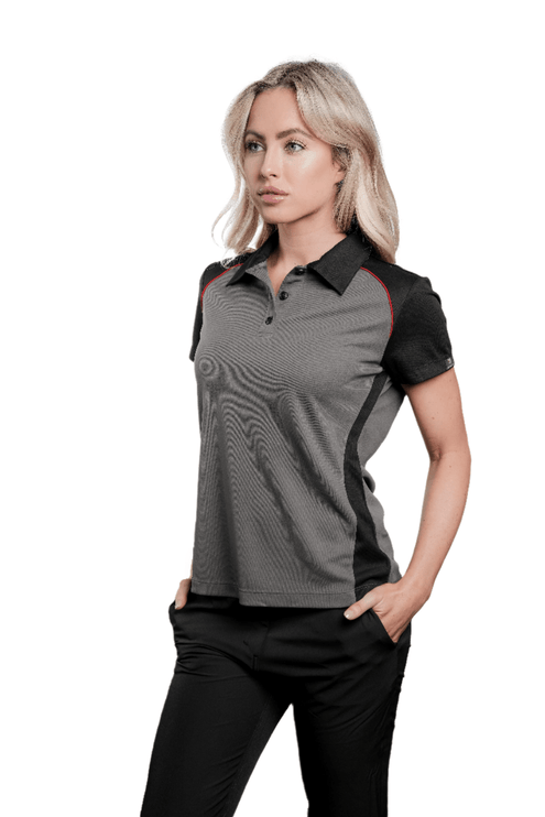 Marwin Sports Poly Button Women's Polo - Grey/Black/Red - Marwin Sports