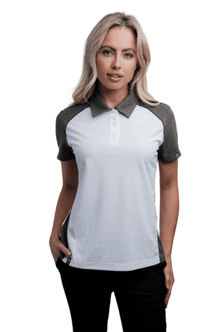 Marwin Sports Poly Button Women's Polo - White/Grey/Black - Marwin Sports
