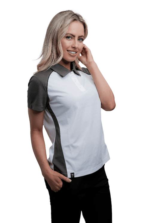 Marwin Sports Poly Button Women's Polo - White/Grey/Black - Marwin Sports