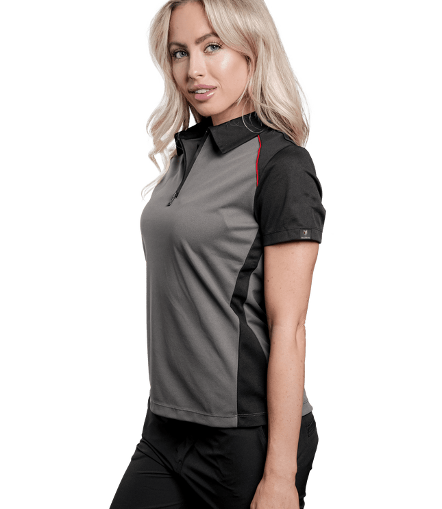 Marwin Sports Poly Zipper Women's Polo - Grey/Black/Red - Marwin Sports