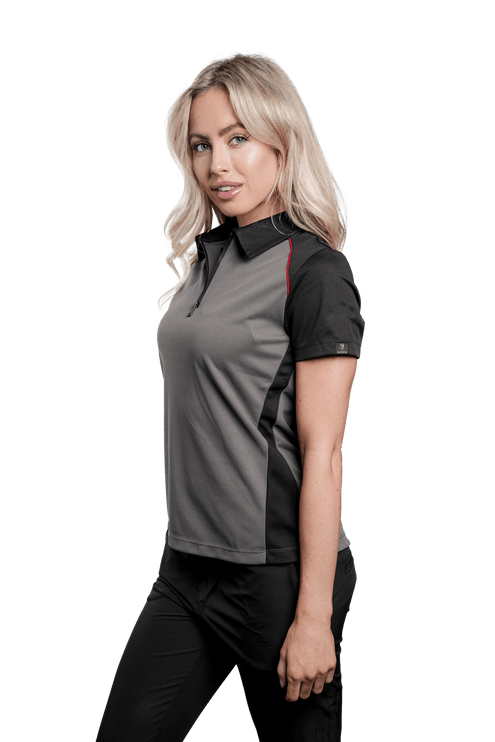 Marwin Sports Poly Zipper Women's Polo - Grey/Black/Red - Marwin Sports